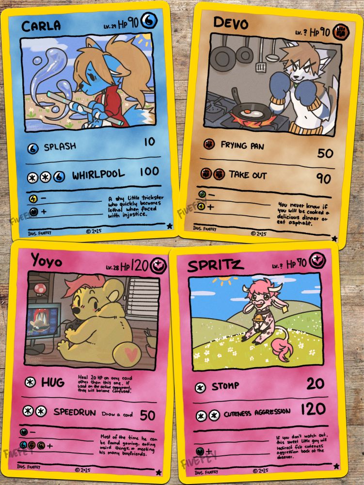 Digital mock-up of four Pokémon cards laying on a table. The Pokémon cards are all in a somewhat silly style inspired by Ooyama’s Pikachu card. The cards all depict commissioner’s characters and attributes them fun gimmicks through the attacks and flavor texts.