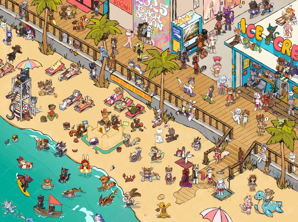 A digital illustration of a Where's Waldo type scene with over a hundred furry characters having fun at the beach!