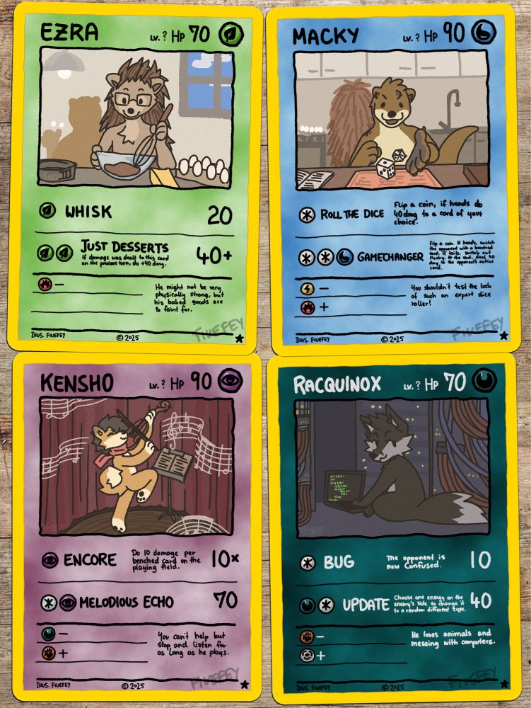 A digital mock-up of four fake Pokémon cards on a table. The cards are all done in a silly, simplistic style similar to the official card Ooyama’s Pikachu. The cards all represent the characters of the commissioners, with fun attacks and gimmicks.