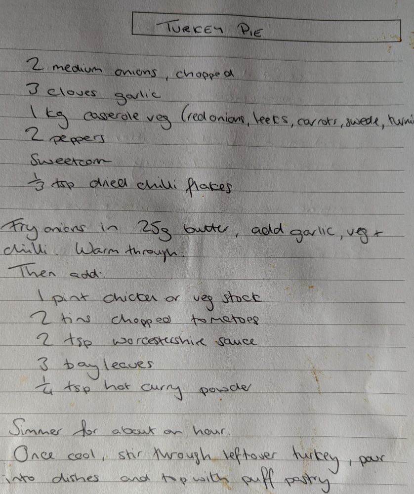 TURKEY PIE

2 medium onions, chopped

3 cloves garlic

1 kg casserole veg (red onions, leets, carrots, swede, turni

2 peppers

Sweetcom

1/3 tsp died chilli flakes

Fry onions in 25g butter, add garlic, veg + Warm through.

Then add..

I pint chicken or veg stock

2 tins chopped tomatoes

2 tsp worcestershire sauce

3 bay leaves

¼ tsp hot curry powder

Simmer for about an hour.

Once cool, stir through leftover turkey, pour into dishes and top with puff pastry