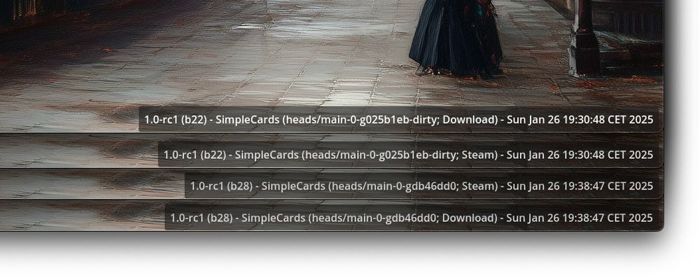 Four overlapping windows showing different build information