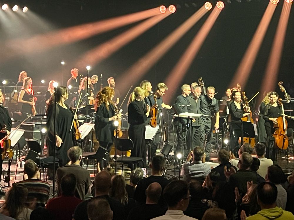 Sigur Rós and the orchestra at the end of a wonderful show at Harpa Eldborg. 