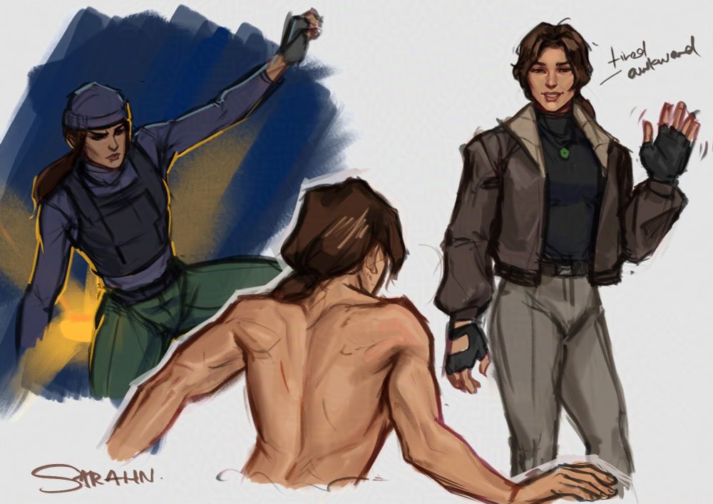 My Art

A coloured sketch page of Lara Croft. From left : Lara in combat wear against a dark blue background with orange rim lighting. 

Middle lara shows her back muscles. 

On the right, Lara is waving and looking tired and awkward. she is wearing a brown bomber jacket , a black turtle neck, tanned pants and fingerless gloves.