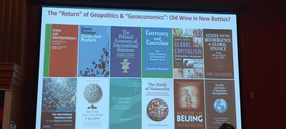 PPTX slide entitled "The "Return" of Geopolitics and "Geoeconomics": Old Wine in New Bottles?" with front covers of 12 different books underneath