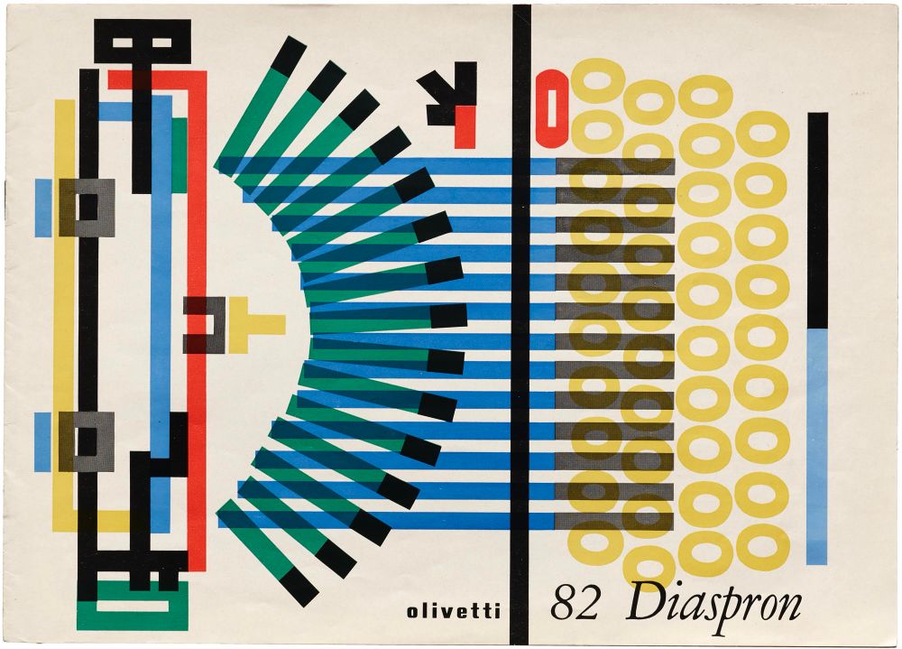 A colorful, overhead view of an illustrated, stylized view of a typewriter, showing simplified shapes of its different internal components in bright colors. Text reads Olivetti 82 Diaspron. 