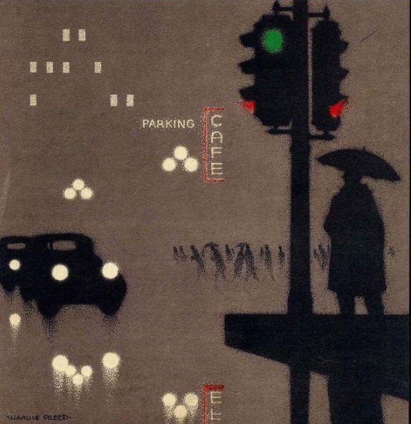 A lightly blurred, rainy, nighttime city scene with a dark beige background. In the right foreground is a silhouette of a lone figure in a long coat, underneath an open umbrella. The figure stands at a street corner underneath the stoplight, which is showing a green light in one direction and a red light toward the other.  Two dark cars approach the foreground with headlights. No outlines of structures are visible in background, just the lights of a handful of windows and some parking and café signage. Two street lamps. An abstract row of a mass of pedestrians in the background, with just enough detail to suggest they are human figures. The foreground elements are reflected in the rain on the street. Artist name printed in lower left, all caps. 