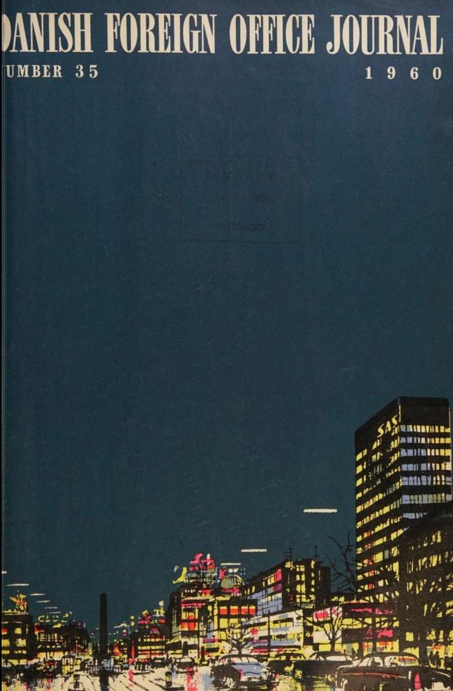November 1960, Issue 35

A cover showing mostly night sky. Toward the bottom half, a brightly lit city scene with traffic, signage, streetlights and lit windows.   

Editor’s description: “The busy Copenhagen street Vesterbros Passage, as seen from the City Hall Square, is the subject of the cover. Our artist, Alex Secher, got rather wet while drawing the entrance to the Tivoli pleasure gardens (left) and the 20- storey SAS Royal Hotel, the latest landmark of the Danish capital. While painting, Mr. Secher put up his easel where the wall of old Copenhagen stood.”
