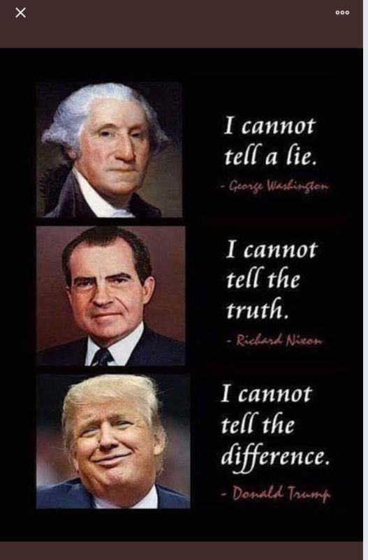3 images of US-presidents: George Washington, Richard Nixon, Donald Trump.
George Washington says: "I cannot tell a lie."
Richard Nixon says: "I cannot tell the truth."
Donald Trump says: "I cannot tell the difference."
