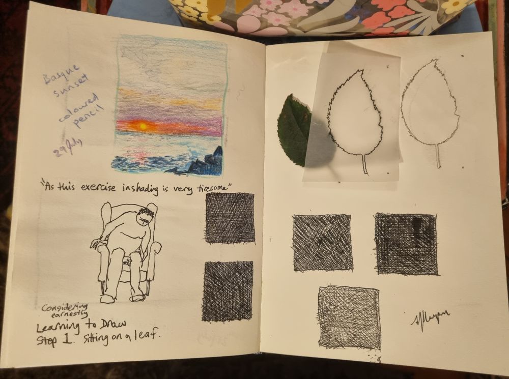 My sketchbook, open, (top left) a colourful sketch titled "Basque sunset, coloured pencil", (bottom left) me awkwardly lowering myself into an armchair while reaching under myself titled "As this exercise in shading is very tiresome" and "Considering earnestly learning to draw, step 1 sitting on a leaf", (the rest of the spread has) a squashed rose leaf, a tracing around it and a pencil outline repeatedly corrected so it is very similar to the tracing, over 5 squarish patches hatched with a very fine nib dip pen.   