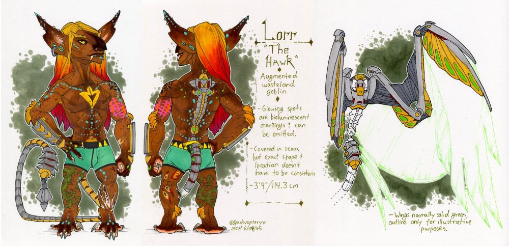 A two-point reference turnaround of a cyberpunk fantasy goblin character. He's got cybernetic enhancements along his spine and extends to his tail and also on his arms. He has rich dark skin, freckles body modifications and bioluminescent spots with orange hair that is dyed in an ombre fashion that goes from red to magenta. He has intense, hawk-like eyes, prominent bird-like nose and jutting tusks. There's a third detail view of what looks like a cybernetic wing armature that attaches to his spinal augments. Text annotations on the image say:

-Lorr The Hawk
-Augmented wasteland goblin
-Glowing spots are bioluminescent markings and can be omitted.
-Covered in scars but exact shape and location doesn't have to be consistent.
-Wings normally solid green, outline only for illustrative purposes.
-3'9''/114.3cm