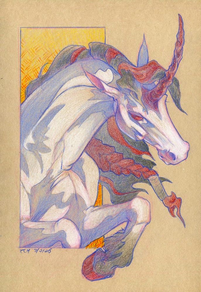 A drawing of a unicorn done in colored pencils on toned tan paper. It shows her from the withers forward as she seems to be aggressively leaping out of an abstract rectangular frame. She's primarily white, grey-black and red.