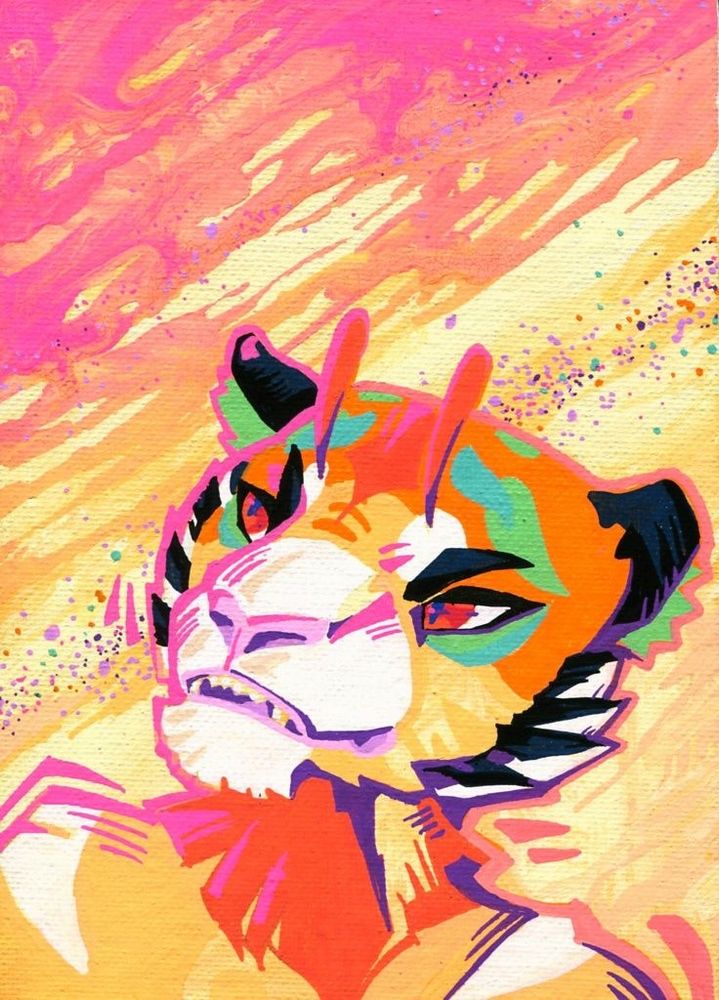 A bright portrait done in acrylic Poscas of a tiger character with sharp features and colors ranging from oranges to teal and mint green. The background is abstract with layered paints and some stippling accents ranging from pink, orange, cream and salmon with the accents also including purples and more teal complementing the character.