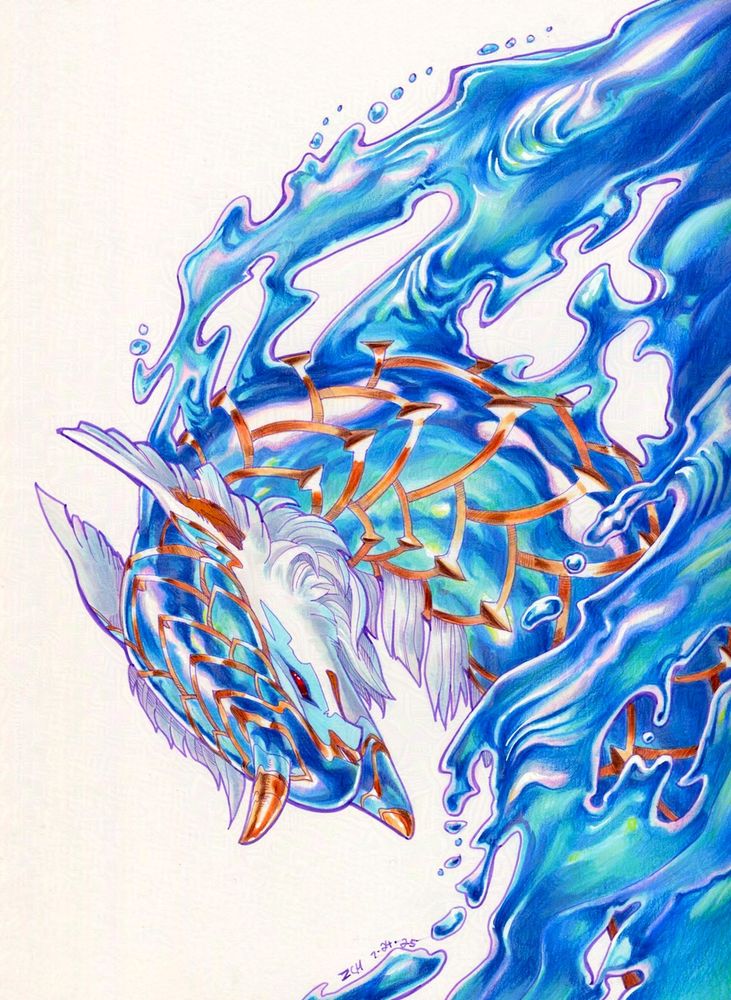 A traditional art piece depicting a fantastical creature with soft white fur. Their most prominent feature is their scales edged in gold from their face, singular horn and down their neck. Torrents of what look like captured ocean waves can be seen on their surface (or perhaps under the surface) with the water "escaping" along the top of their back and flowing up and around the piece, framing the characters' face as they look back at the viewer.