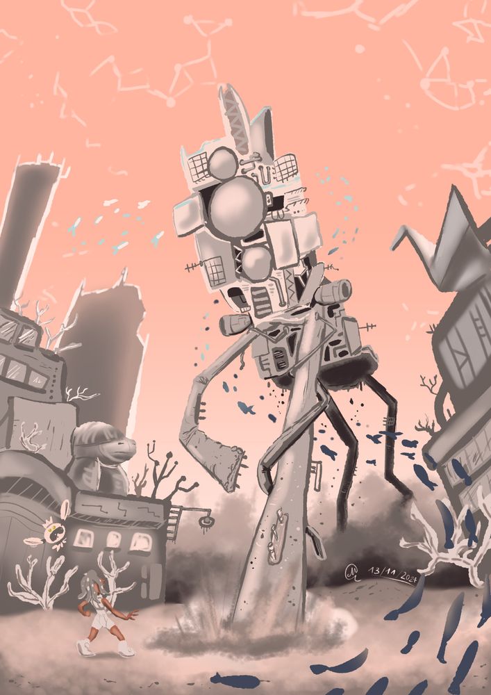 Digital drawing of the Spire of Order from Splatoon 3 brought to life, while Eight looks up in awe of its height.