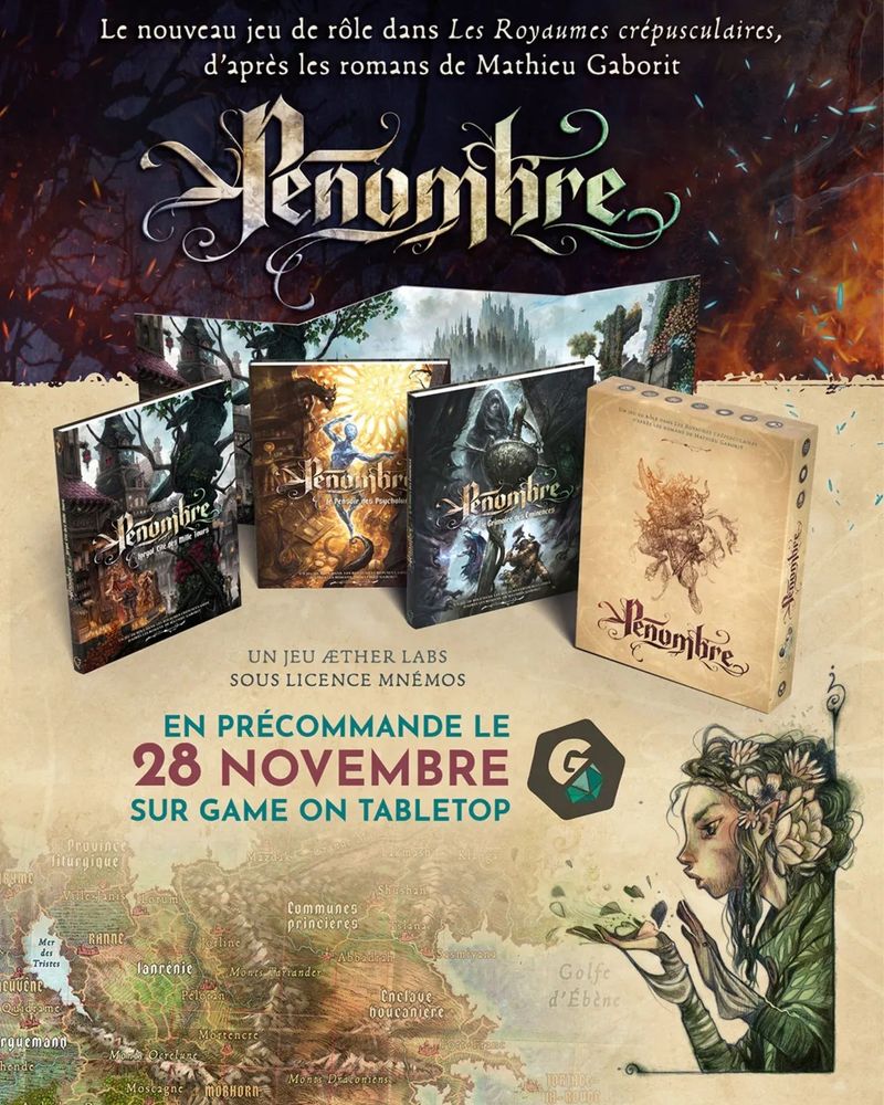 Image de aetherlabs / éditions Mnémos
Le nouveau jeu de role dans les Royaumes crépusculaire 
Pénombre 

Un jeu aetherlabs sous licence Mnémos 

En precommande le 28 novembre sur gamontabletop

Visuels de l'ecran des premiers cahiers et de la boîte du kit decouverte.  La carte des royaume en fond, et une petite creature avec des fleurs dans les cheveux souffle sur des feuilles 