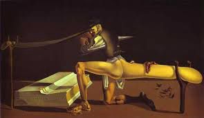 Dali’s The Enigma of William Tell, in which the central figure has a right butt cheek so long it has to be supported by a crutch. The left cheek is standard issue.