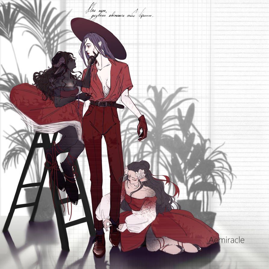 "My night, allow flowers to decorate you."
OCs: Delia(nymph-satyr), Neith(vampire), Melissa(nymph-satyr). 
Delia and Melissa dress up Neith. Delia is sitting on a ladder, holding bright red lipstick in one hand and Neith's face in the other. Melissa is sitting on the floor tying Neith's shoes.