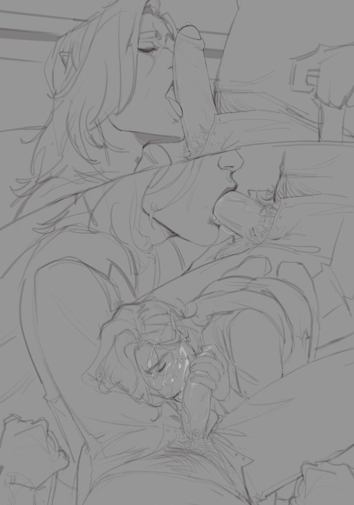 my oc laurent, a half elf, on his knees on his knees under a desk sucking a biiiiig ol dick across three panels. 

FIRST PANEL: he licks the shaft and the his partner's hand is seen gripping the armrest of his chair tightly. 

SECOND PANEL: he's suckin on that thang

THIRD PANEL: an overhead view of Laurent between his partner's legs with cum on his face. holding his partner's cock in his hand and licking it clean. 