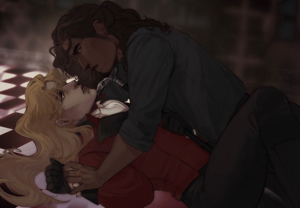 my ocs sebastien and val being normal. seb is laying back on the floor looking up at val, who is on top of him. sebastien tilts val's chin up with the head of his cane. val's fingers push up into the glove on sebastien's other hand. they look intensely into each other's eyes, and neither is sure who is in control of the situation. 