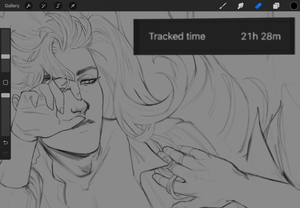 a wip of my patreon print for april, that i will definitely finish some time this year. my oc seb lays back with his hair falling all around him and his hand half covering face