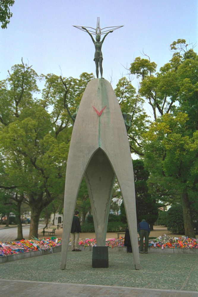 Hiroshima monument to Sadako Sasaki - the Japanese girl who tried to  fold 1,000 paper cranes to get well after being bombed but didn't make it.