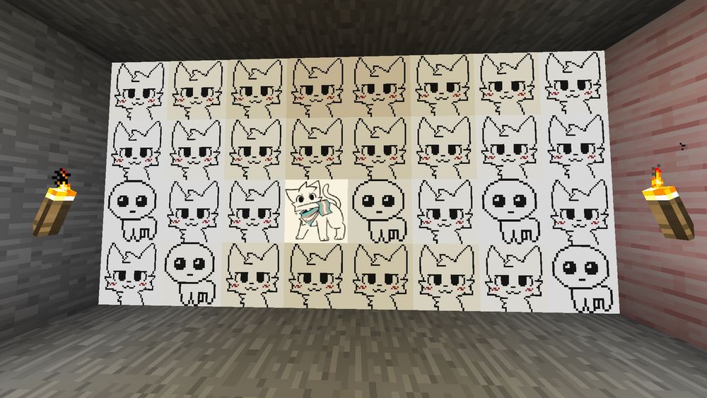 a wall in minecraft, mainly consisting of the boykisser cat, with a few yippee creatures. one of the boykisser cats is holding a trans flag and wearing a bandana of the trans flag