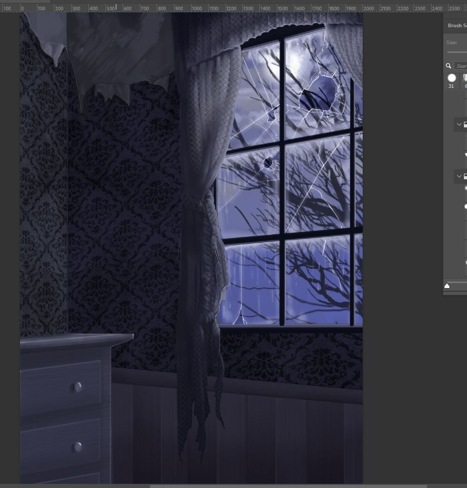the dark interior of an old house with peeling wallpaper, torn curtain, and broken window. screenshot of an image drawn in photoshop.