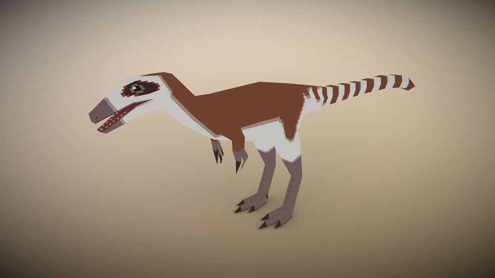 A low poly pixel art style 3D model of a Sinosauropteryx
