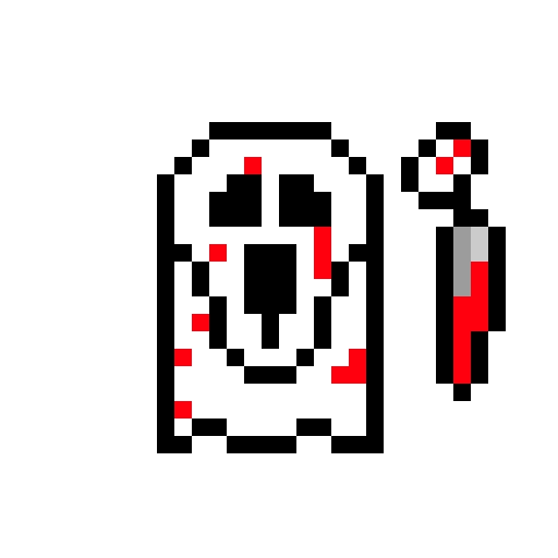 Luma with a ghost face mask and a knife, she is covered in blood