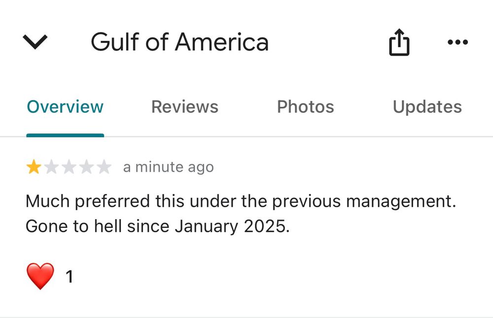 One-star review of Gulf of America on Google Maps