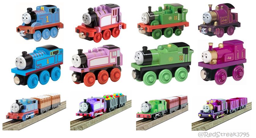 Top row: Learning Curve Diecast Take Along toys of Thomas the Tank Engine, Rosie, Oliver, and Lady.

Middle row: Learning Curve Wooden Railway toys of Thomas the Tank Engine, Rosie, Oliver, and Lady.

Bottom row: TOMY Plastic Motorized toys of Thomas the Tank Engine (with Annie and Clarabel), Rosie (with balloon trucks), Oliver (with red coaches), and Lady (with livery-matching Troublesome Trucks). 