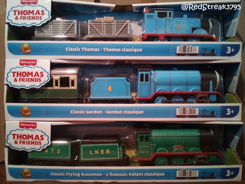 Photograph of the 2025 80th anniversary Motorized Thomas the Tank Engine, Gordon and Flying Scotsman. 