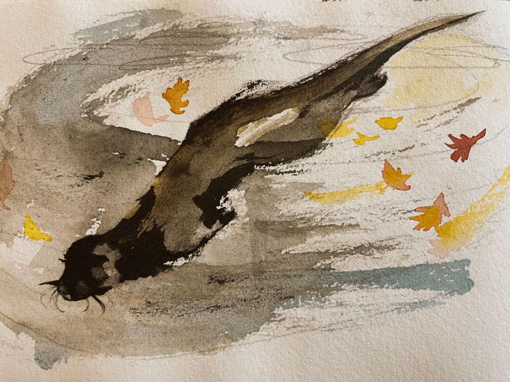 Ink painting of an otter diving underwater. The ink swirls around creating a mixture of colour and movement. The colours are a muted mixture of blue, red and amber. 