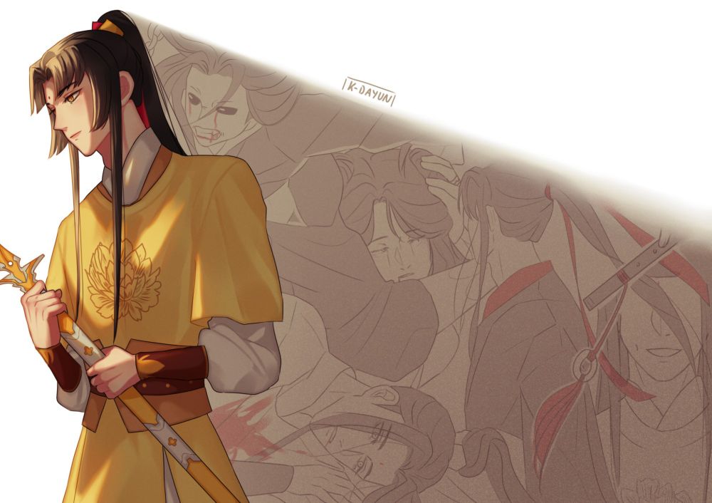 Jin Ling holding his sword while his shadow shows a collage of the tragedies in his life  (the death of his parents, the betrayal of Jin Guangyao etc.) 