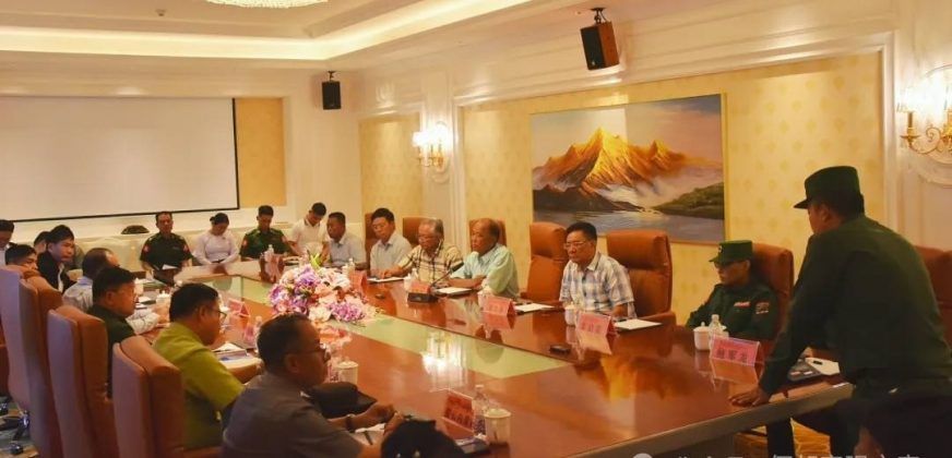 A regime delegation from Naypyidaw met with United Wa State Army leaders in Pangsang, the capital of the Wa Self-Administered Division, in northern Shan State on Aug. 6. (Credit: Wa State TV)