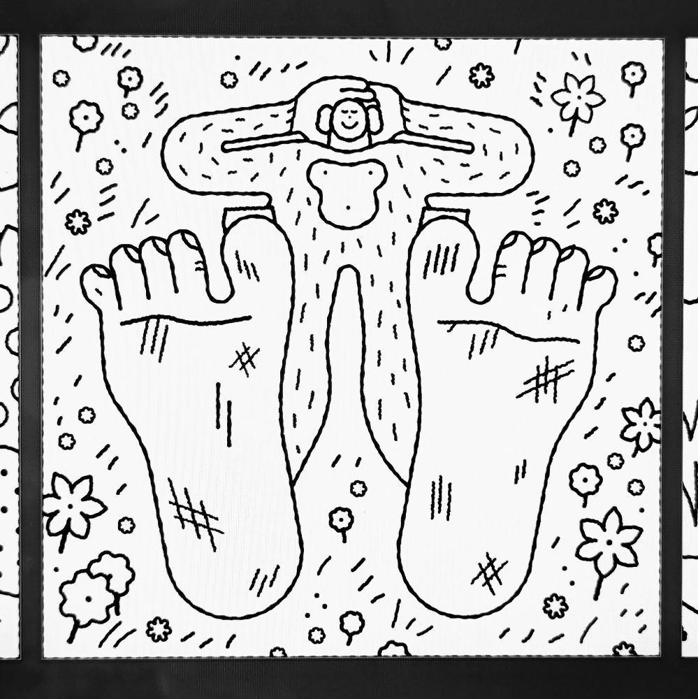 Colouring page illustration of Bigfoot lying down on the grass.
