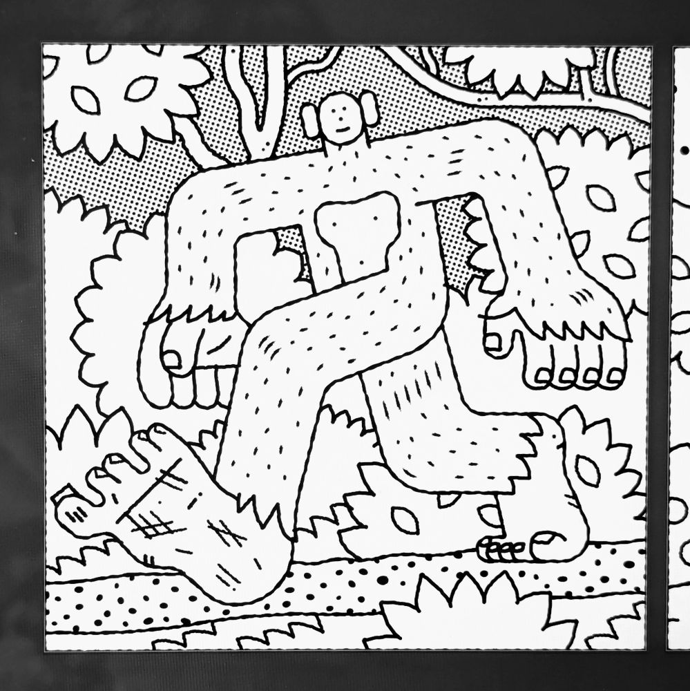 Colouring page illustration of Bigfoot walking down a path.