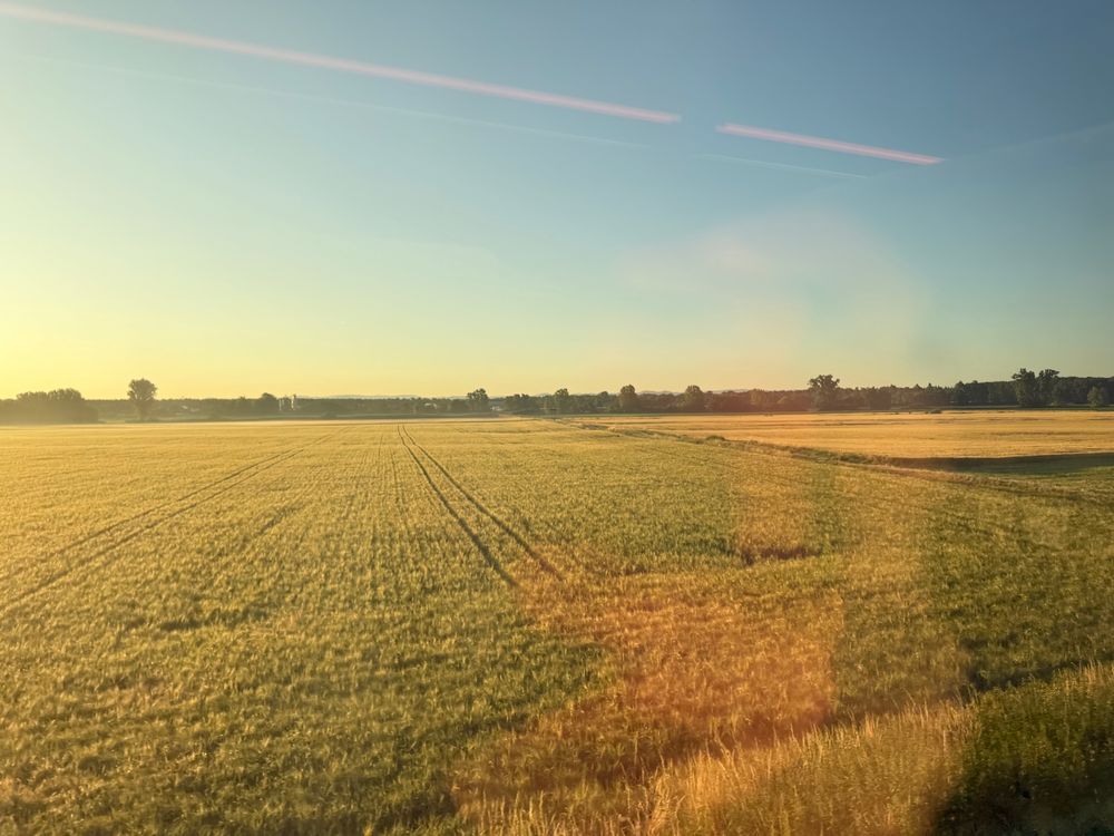 A photo taken from a train, near Heidelberg Germany, of a crop field with some brown green grass and a hazy blue sky with a tint of orange from the sunrise. There is a reflection on the window of myself somewhat from inside the train car. 