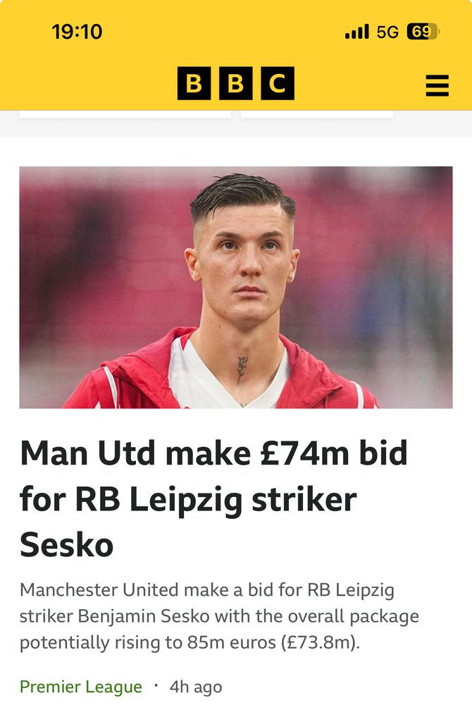 Screenshot of bbc sport:

Man Utd make £74m bid for RB Leipzig striker Sesko
Manchester United make a bid for RB Leipzig striker Benjamin Sesko with the overall package potentially rising to 85m euros (£73.8m).
