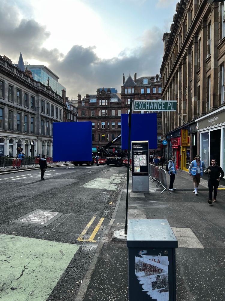 A shot looking east down Bothwell St in Glasgow, where two giant blue screens are being erected by the Spider-man 4 film crew.