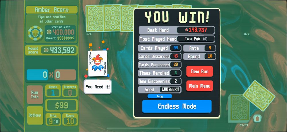 Screenshot of Balatro after I scored 433592 on orange stake level to beat the smug wee clown bastard.