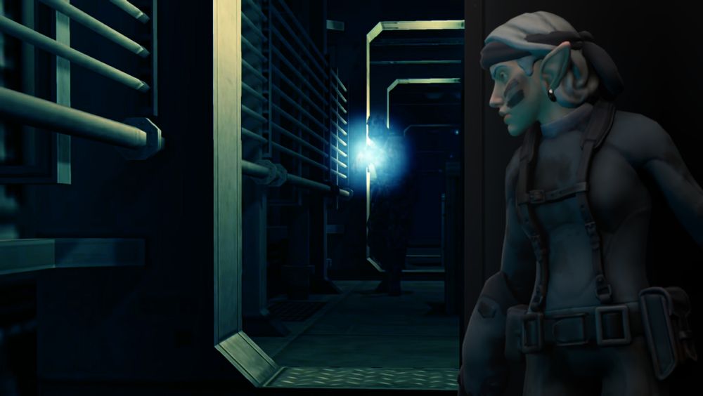 My friend's character Pip, a white haired elven femme presenting person, dressed as Solid Snake from Metal Gear Solid, edited into a color-corrected still from MGS: Twin Snakes where she hides against a wall from an advancing guard with a flashlight. Unlike in previous images, there is more grime and texture on her suit and grease paint on her face.