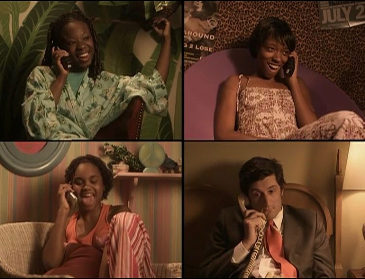 Screenshot from  tv show Stella showing Michael Showalter on a 4 way phone call with three young Black women 