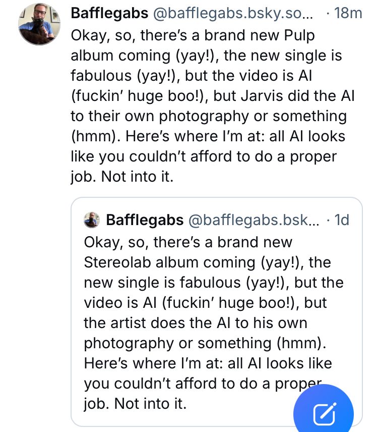 Screenshot of posts about how the golden oldies bands Pulp and Stereolab both use AI in their new music videos