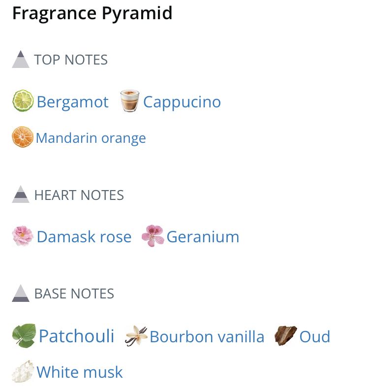 Scent pyramid for Kayali Oudgasm Cafe

TOP NOTES
Bergamot
Mandarin orange
Cappuccino

HEART NOTES
Damask rose
Geranium

BASE NOTES
Patchouli
White musk
Bourbon vanilla
Oud

