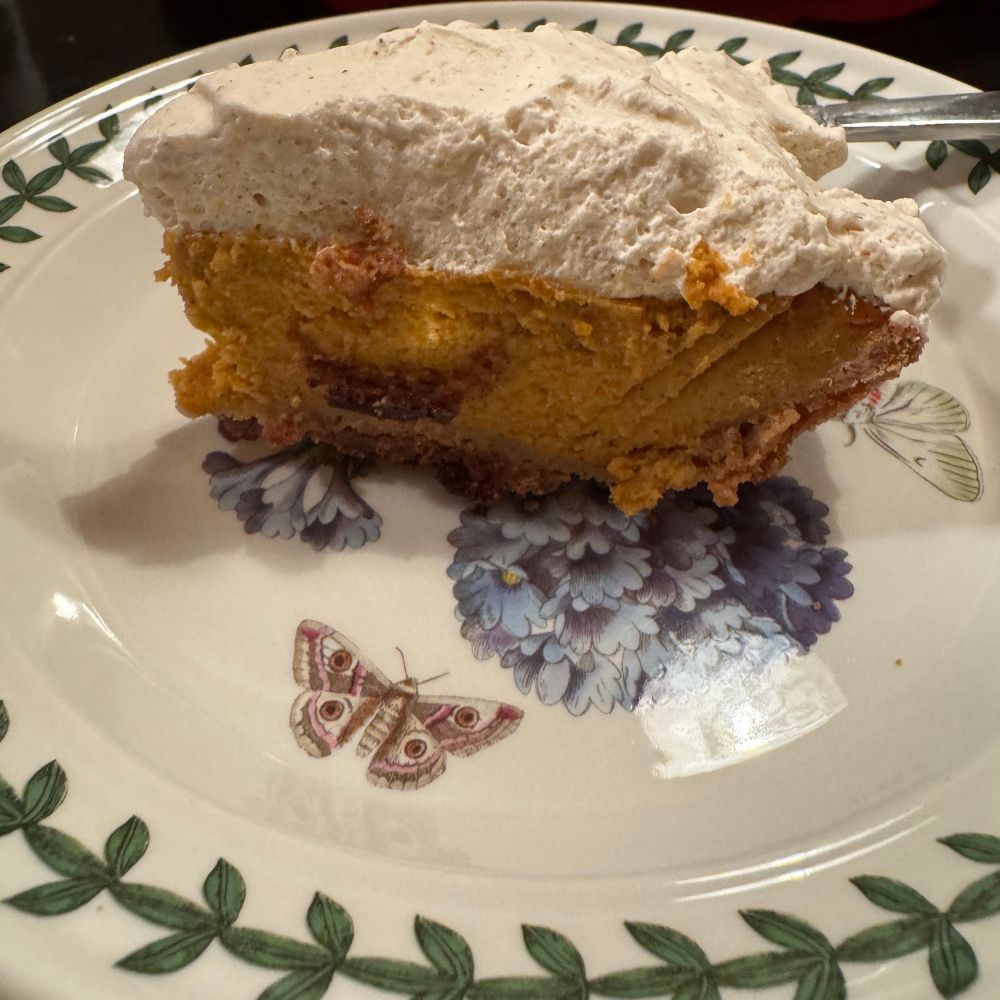 Photo of slice of pumpkin cream pie on a plate