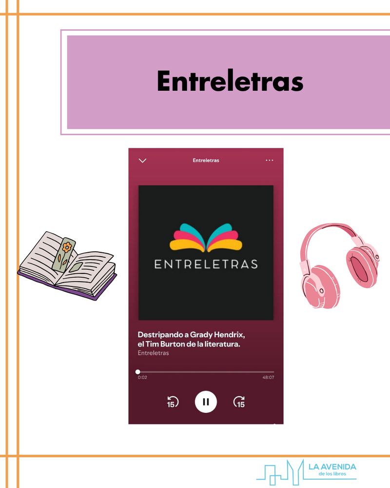 Caja rectangular rosa con el texto Entreletras.
Un libro abierto, una captura de pantalla del podcast y unos auriculares.