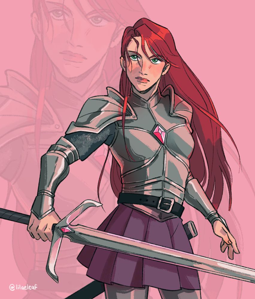 A girl in armor holds a sword.
Her chestplate has a pink gemstone embedded in the center. Her sword also has a matching pink gemstone in crossguard.
She has long red hair, green eyes and a serious expression. 
She also wears a pleated skirt.