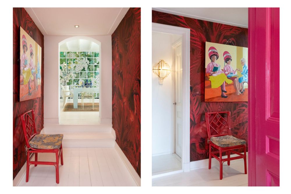 Yet another split image -- two angles of a hallway that leads from the beautiful airy green tile room I mentioned above. The walls are a blood red, with red fernish flower patterns. Also, there's a red chair, and a painting of women who appear to be getting their hair dried at a beauty salon in one of those old style dome blowdry heaters. I mean, I think that's what it is, or maybe they're hats? IDK. 