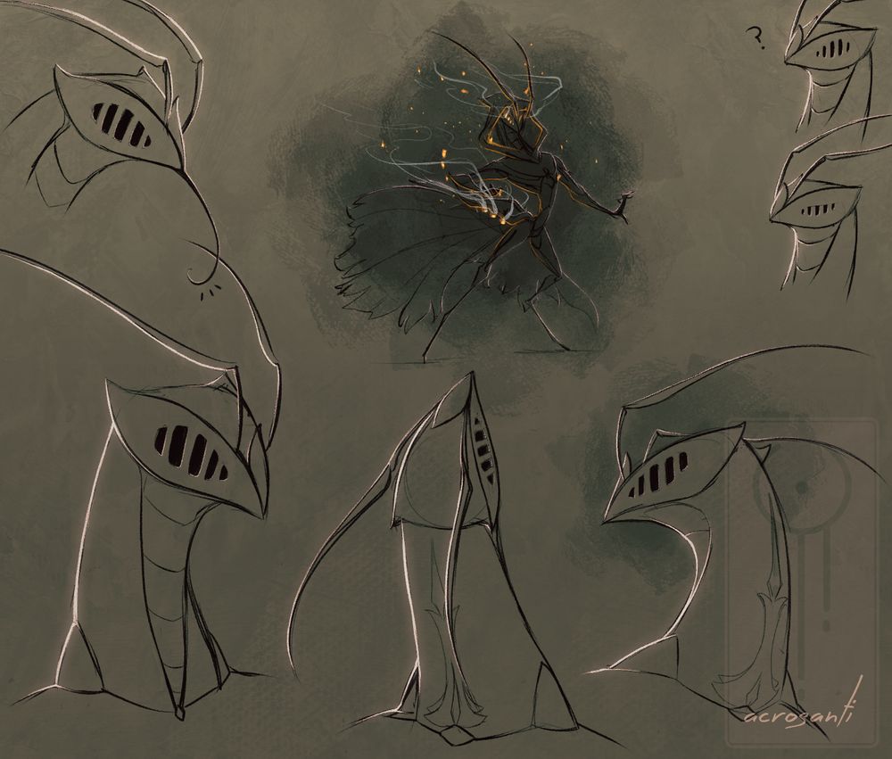 Sketch page of Alder, mostly busts, but with a fullbody sketch of himk in a dynamic pose with embers flying from his body, fire visible from within him.

He WILL turn into a mobile furnace and he WILL set you on fire if he needs to be defensive. Or at least be so hot to the touch that touching any part of his metal body would give you awful burns. Probably a holdover of his original Citadel directive, whatever that was.

There is also a sketch of him extending a fine, long tongue in the upper left, like a party horn. It's probably similar to a butterfly/moth proboscis.